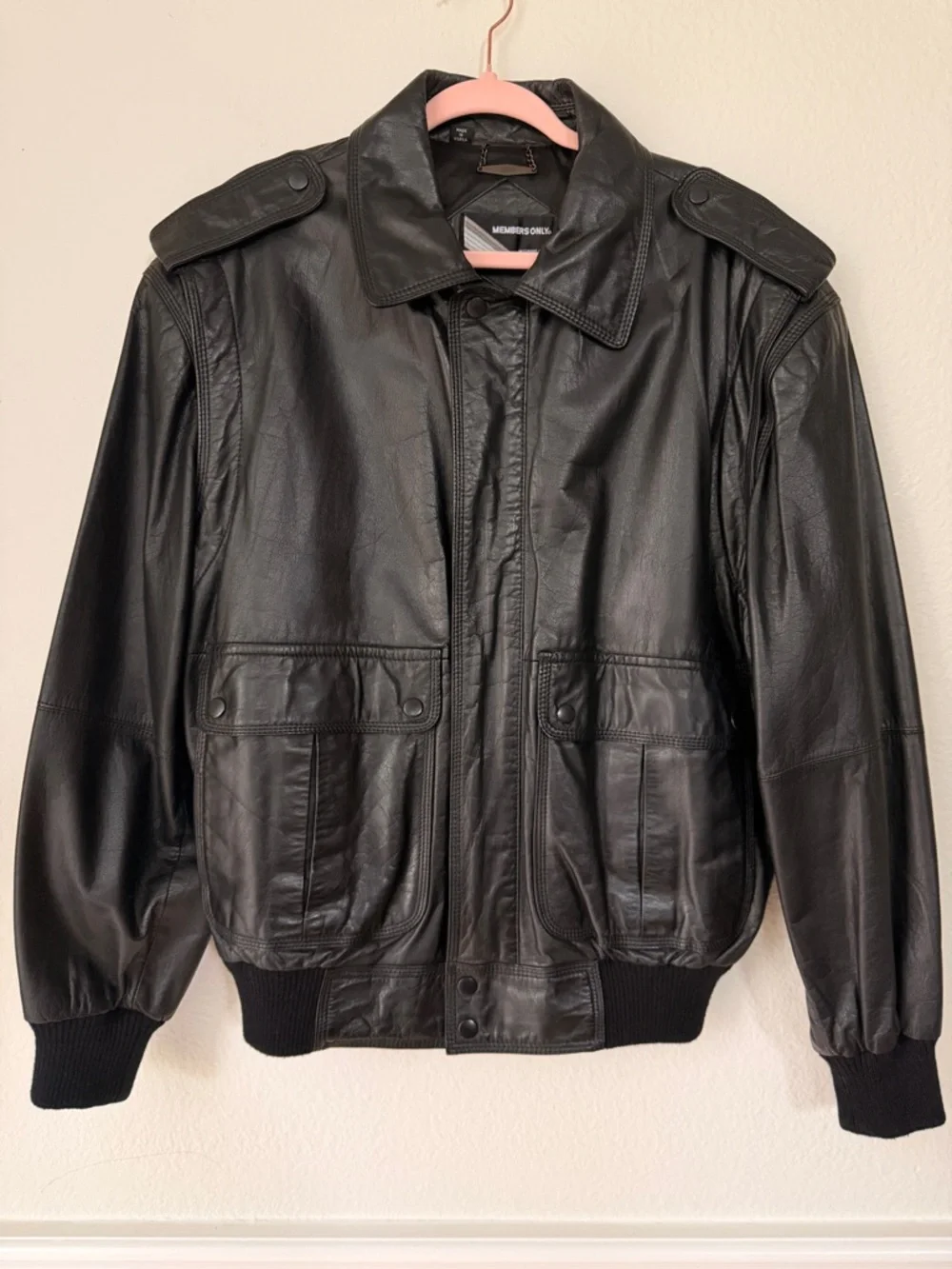 Members Only Black Leather Flight-Style Bomber Jacket‎ Classic Retro Biker M 42